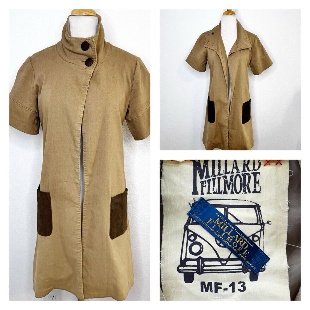 Millard Fillmore Anthro Womens Overcoat Sz Small‎ Tan Linen Retro Futuristic